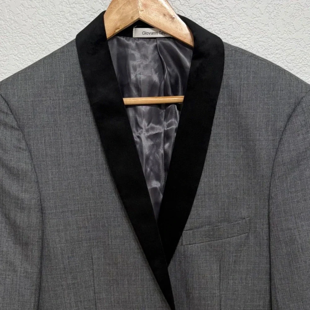 Giovanni Testi Mens Tuxedo Blazer Grey Black Velvet Shawl Lapel 40R Slim Fit